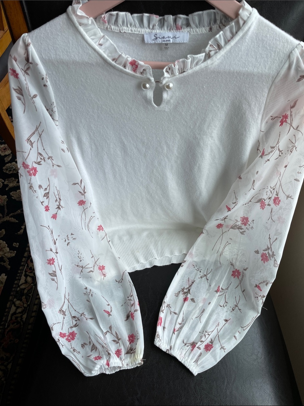 Sioni White Crewneck Sweater with Pink Floral Chiffon Sleeves